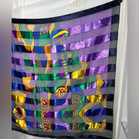 Vintage Picasso Multi Colored Cubist Abstract Artsy Silk Scarf Wrap Tapestry - Picture 6 of 14